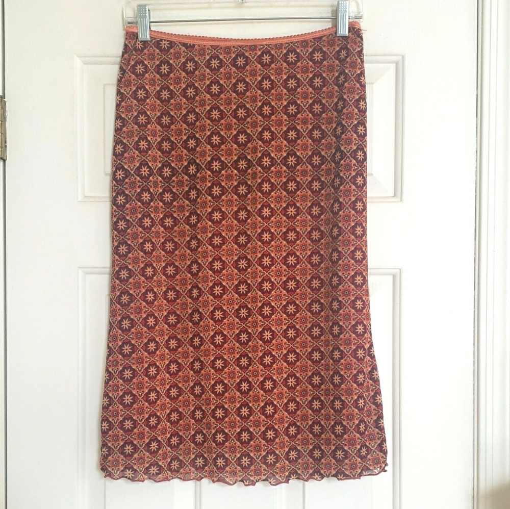 💐 VINTAGE 90's Boho Slip Skirt | Rust Orange Mustard Yellow Plum | MEDIUM - Picture 7 of 10